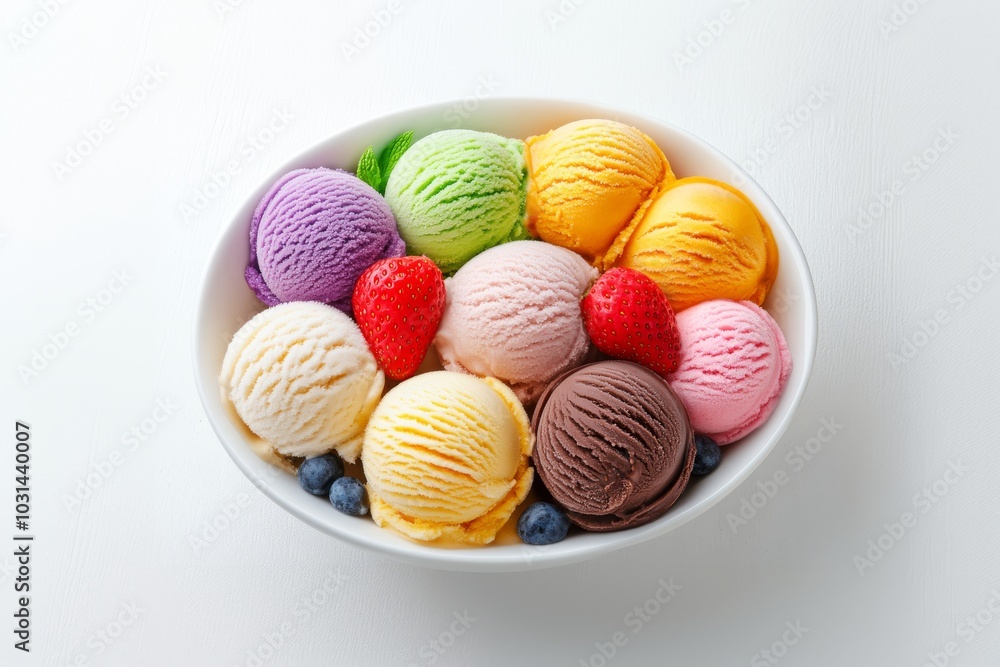 Bowl of Colorful Ice Cream Scoops with Berries Bowl of Colorful Ice Cream Scoops with Berries