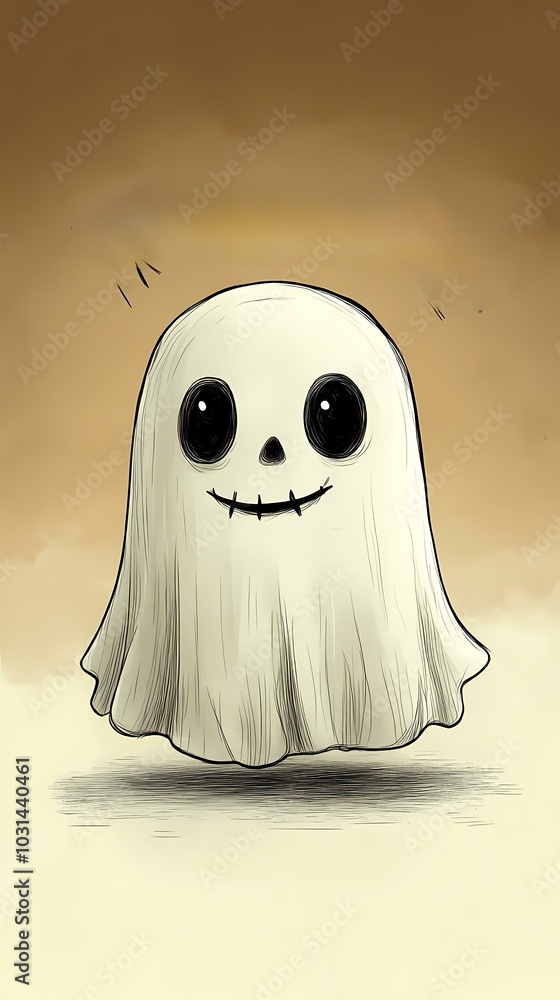 Fototapeta premium Cute cartoon ghost with large eyes and a stitched smile, ready for Halloween fun.