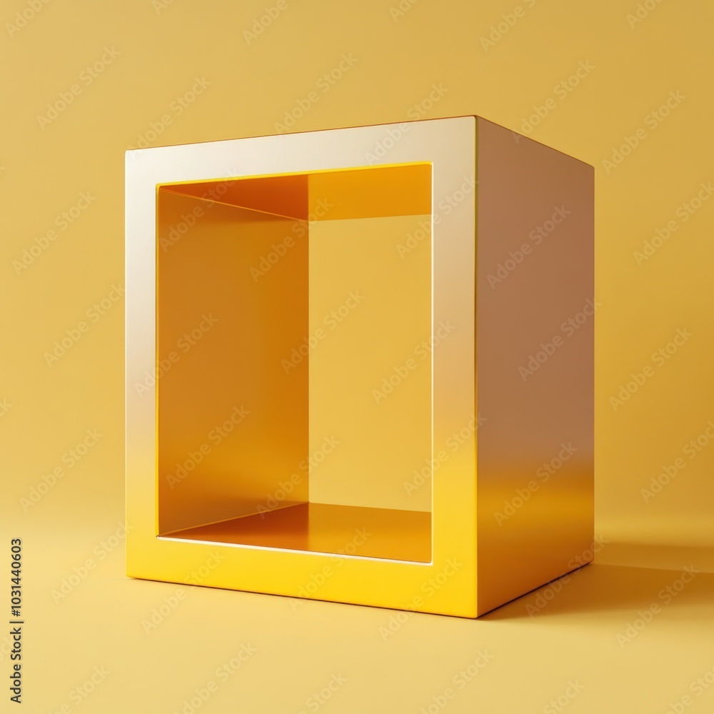 Yellow cube with a white base on a reflective surface, casting a strong shadow under a bright spotlight. Yellow cube with a white base on a reflective surface, casting a strong shadow under a bright spotlight.