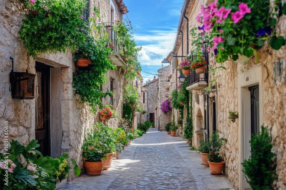 Narrow cobblestone street in Italian village with unique stone buildings, green plants, pink flowers hanging from balconies. Serene atmosphere. Narrow cobblestone street in Italian village with unique stone buildings, green plants, pink flowers hanging from balconies. Serene atmosphere.