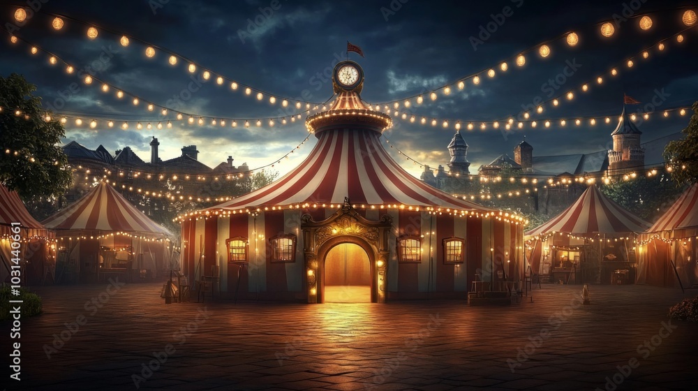 Circus tent at night with clock tower under string lights in park setting, creating serene and peaceful atmosphere. Circus tent at night with clock tower under string lights in park setting, creating serene and peaceful atmosphere.