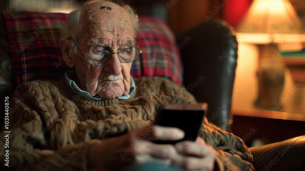 An old man is sitting in a chair and looking at a cell phone An old man is sitting in a chair and looking at a cell phone