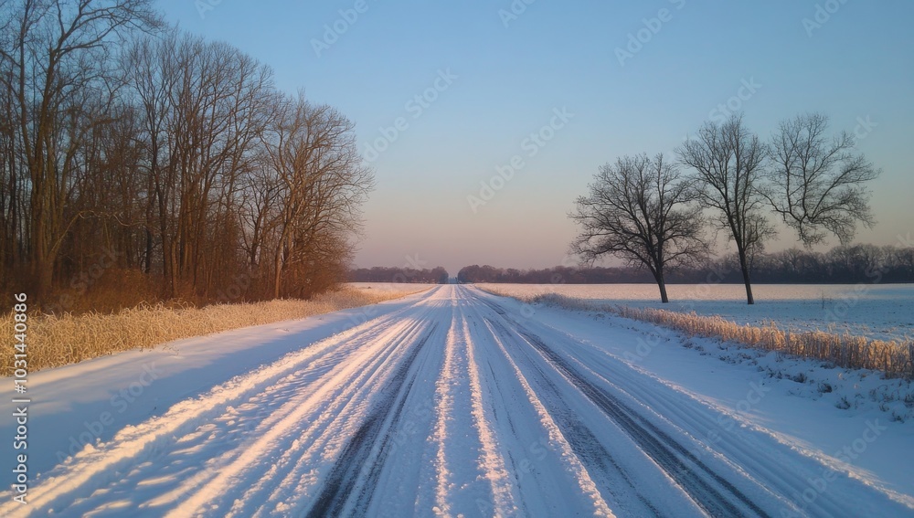 A long, straight road covered in snow stretches into the distance under a clear blue sky. The road is flanked by bare trees on either side, and the distant landscape is covered in snow. A long, straight road covered in snow stretches into the distance under a clear blue sky. The road is flanked by bare trees on either side, and the distant landscape is covered in snow.