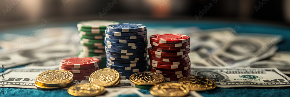 High-Stakes Poker Game Illustrated with Gold Coins and Dollar Bills Scattered Across the Table, Representing Wealth and Chance High-Stakes Poker Game Illustrated with Gold Coins and Dollar Bills Scattered Across the Table, Representing Wealth and Chance