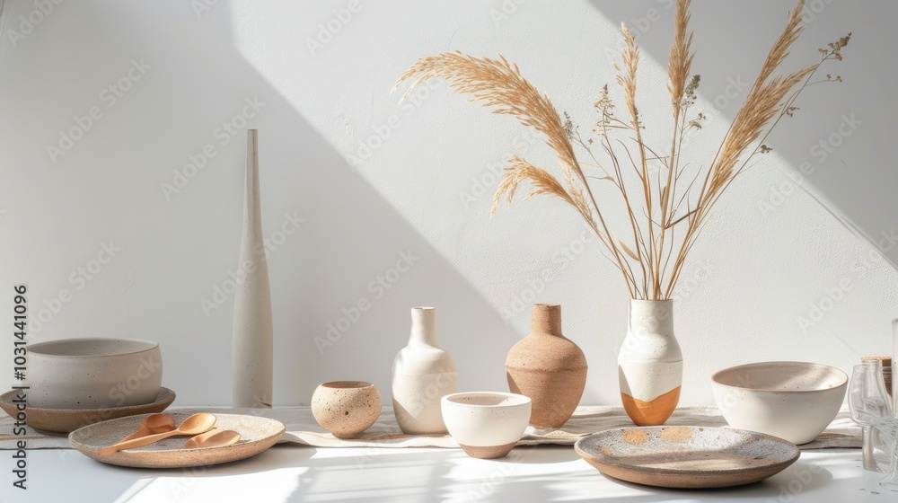 A white table with a variety of white dishes and vases A white table with a variety of white dishes and vases