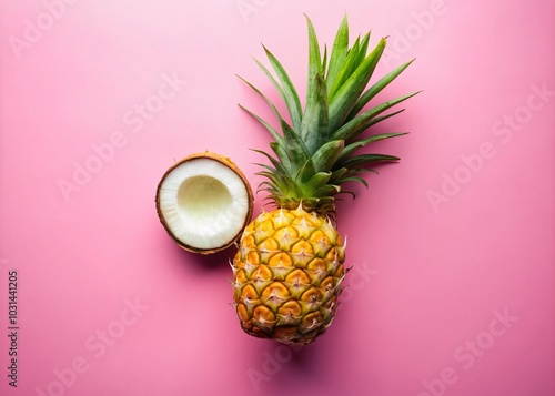 Halved Pineapple and Coconut on Pink Background - Vibrant Summer Fruit Photography for Refreshing Tropical Vibes