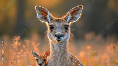 Mother Kangaroo with Her Joey Peekin' from the Grass photo