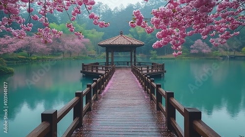 Wooden bridge leading to a gazebo in a serene lake surrounded by blooming cherry blossoms.