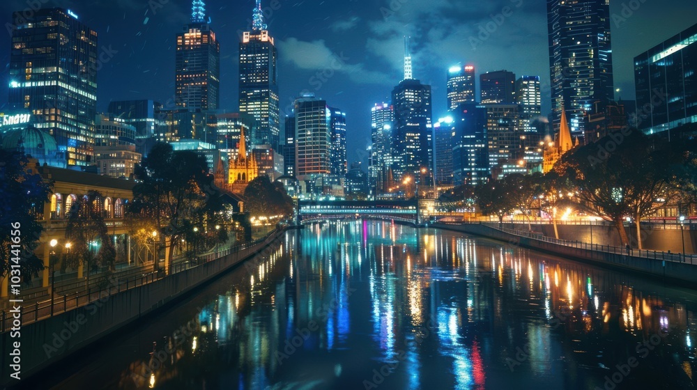 Fototapeta premium A city at night with a river running through it