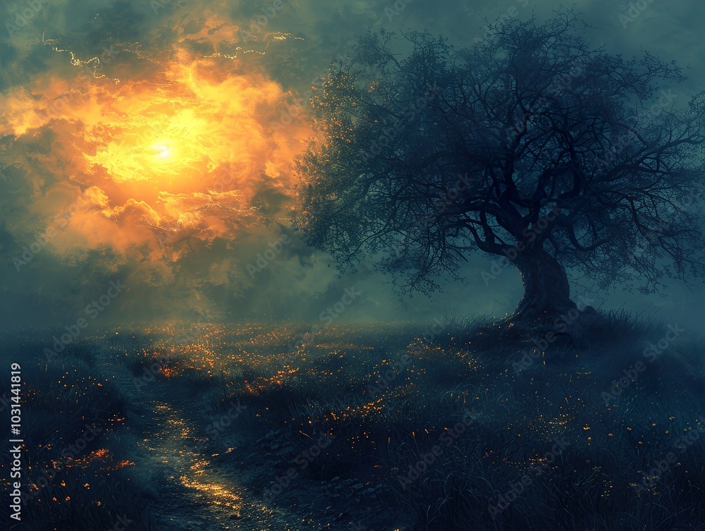 Fototapeta premium Mystical Sunset Landscape with a Solitary Tree