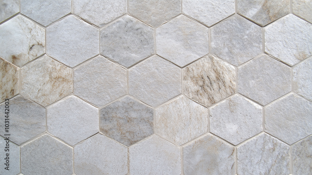 A close-up image of a wall covered in gray hexagonal stone tiles. A close-up image of a wall covered in gray hexagonal stone tiles.