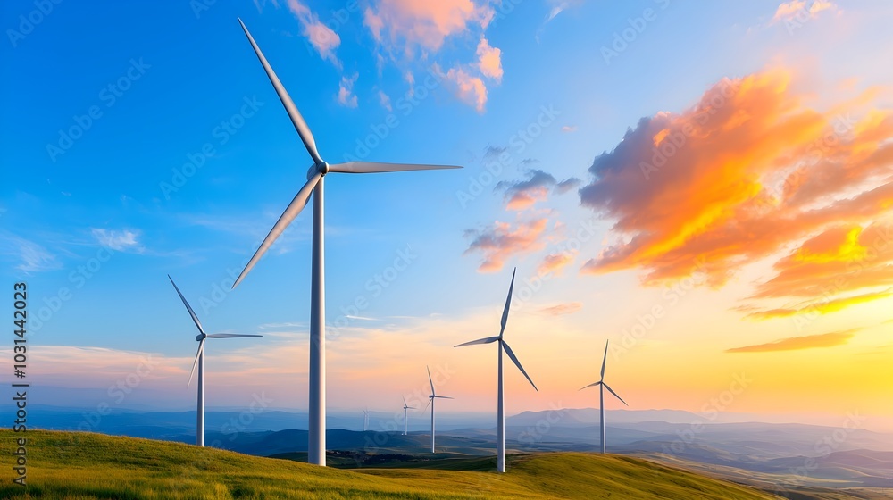 Obraz premium Panoramic view of a vast wind farm with massive silhouetted turbines against a colorful atmospheric sky at dramatic dusk