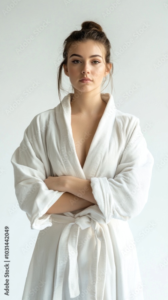 Woman in white robe against white background. Woman in white robe against white background.