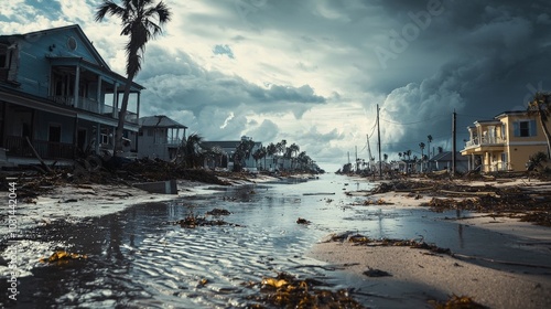 A coastal town implementing an early warning system for hurricanes and floods, illustrating preparedness for extreme weather events. photo