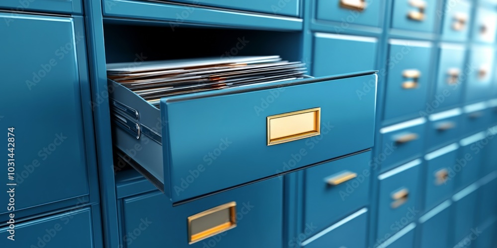 Close-up of blue filing cabinet with multiple drawers in a row, featuring gold handle and neatly arranged folders. Close-up of blue filing cabinet with multiple drawers in a row, featuring gold handle and neatly arranged folders.