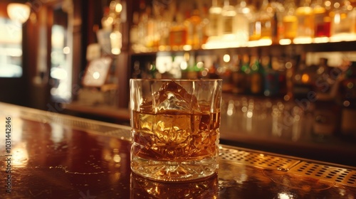 A glass of whiskey sits on a bar counter