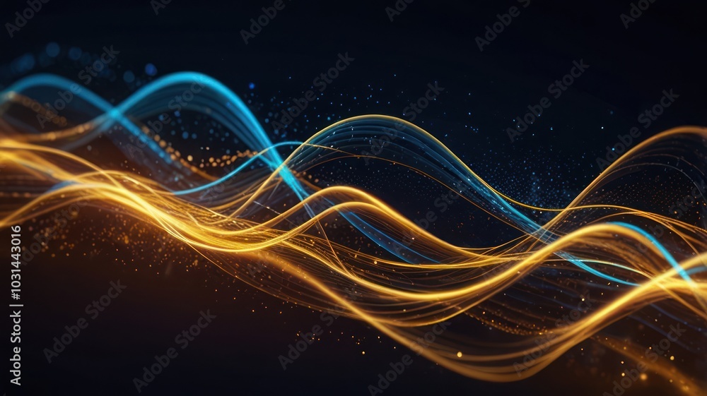 Abstract wave of light with glowing particles on dark background.