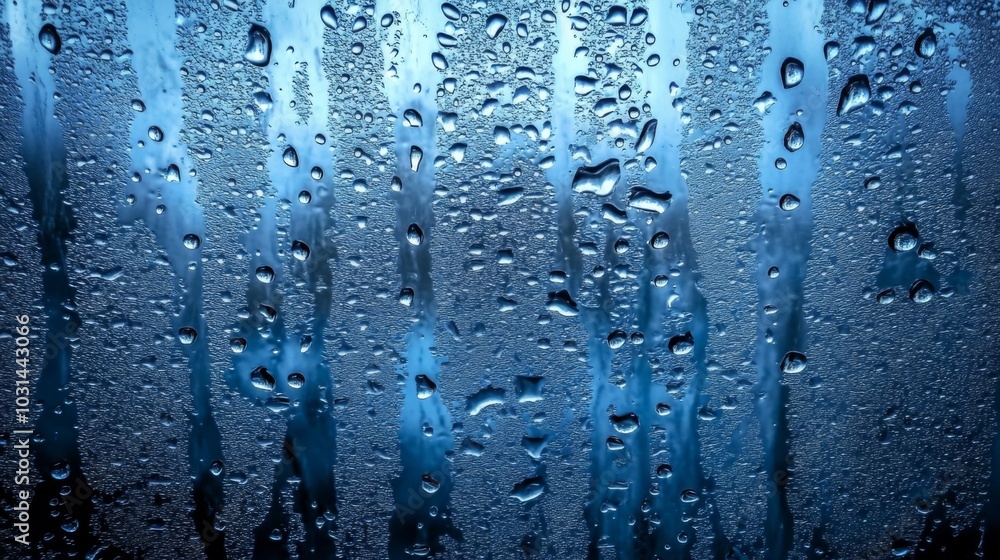 Water droplets on window creating textured pattern with deep blue background, glistening in light. Mood: peaceful and serene. Water droplets on window creating textured pattern with deep blue background, glistening in light. Mood: peaceful and serene.