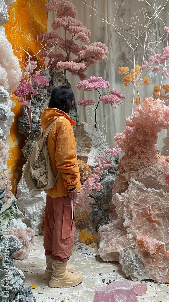 A Person Standing in a Room Filled with Pink and Orange Salt Crystals A Person Standing in a Room Filled with Pink and Orange Salt Crystals