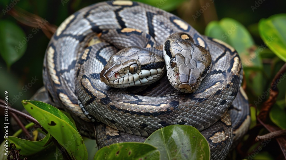 Fototapeta premium Two snakes are curled up together on a leafy green plant