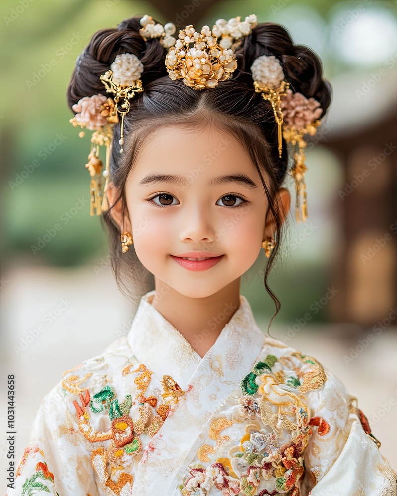 Smiling Little Girl in Ornate Chinese Costume Smiling Little Girl in Ornate Chinese Costume