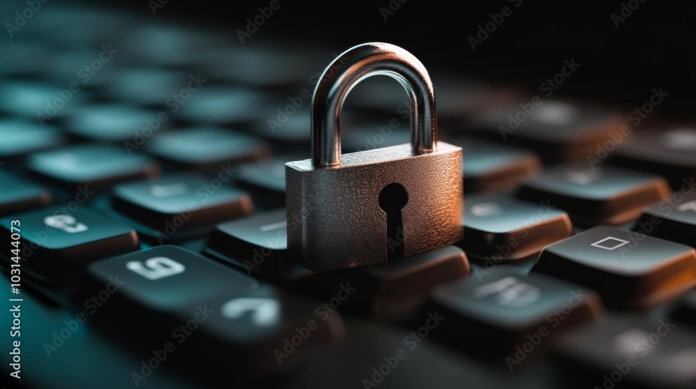 Metallic Computer Keyboard with Padlock, Keyhole, and Keys in Black and White on Dark Background, Symbolizing Security Protection Metallic Computer Keyboard with Padlock, Keyhole, and Keys in Black and White on Dark Background, Symbolizing Security Protection