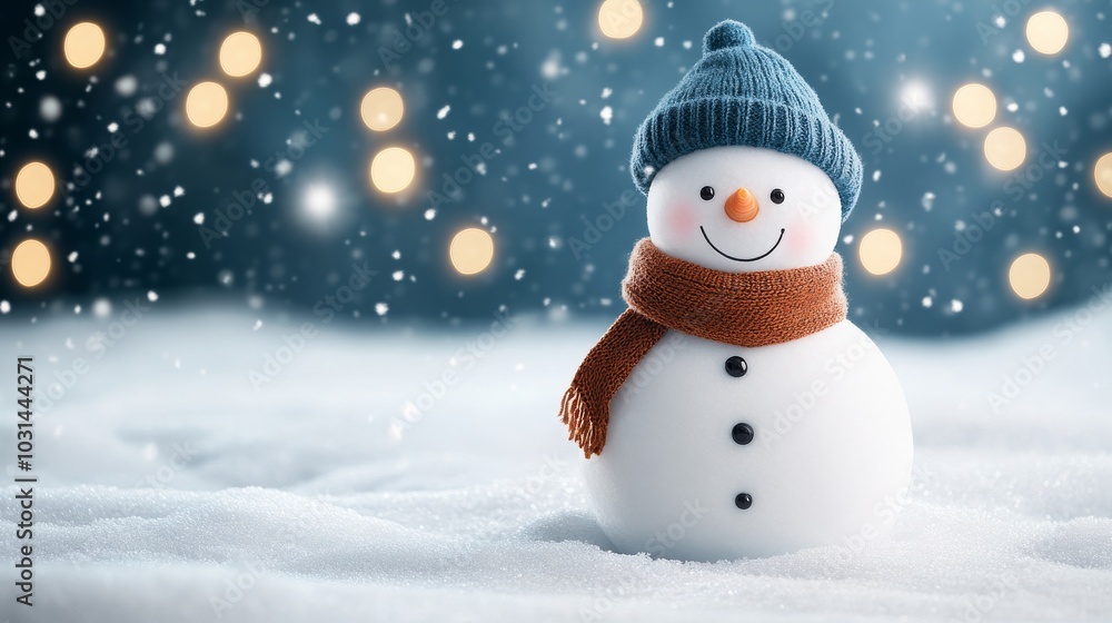 Cheerful snowman in a snowy winter landscape Cheerful snowman in a snowy winter landscape