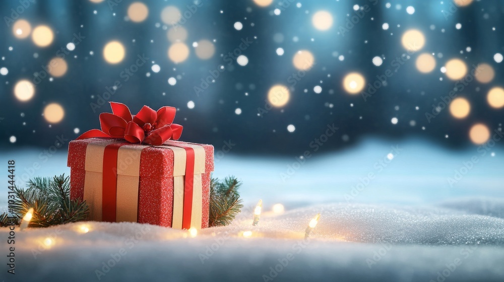Festive gift box surrounded by winter snow and lights Festive gift box surrounded by winter snow and lights