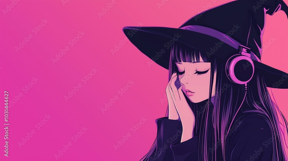 Witch with Headphones on Pink Background Witch with Headphones on Pink Background
