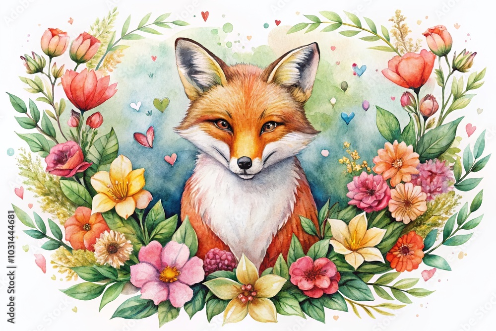 Fototapeta premium Handdrawn Watercolor Fox Illustration with Flowers and Heart for Souvenirs and Decor