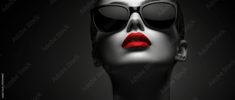 red lipstick on the face of elegant woman wearing sunglasses in dark gray fashion style high contrast black and white red lipstick on the face of elegant woman wearing sunglasses in dark gray fashion style high contrast black and white