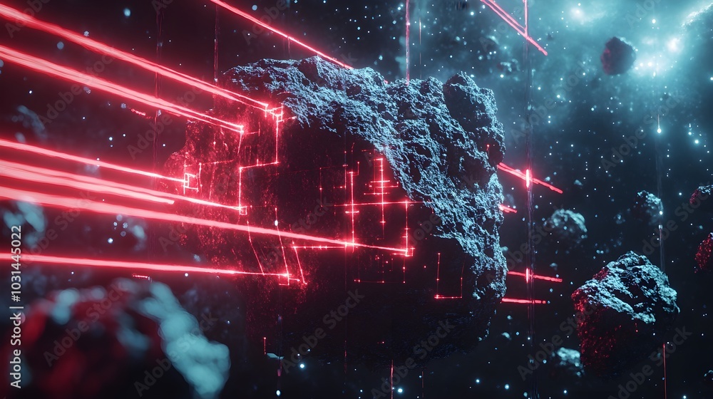 A dramatic view of multiple satellites orbiting a rugged asteroid, capturing high-resolution images and transmitting digital signals through glowing neon lines toward Earth