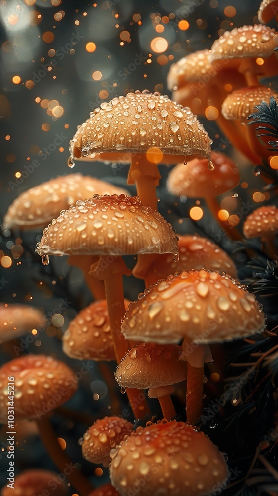 Obraz premium Close Up of Dewy Mushrooms in a Forest