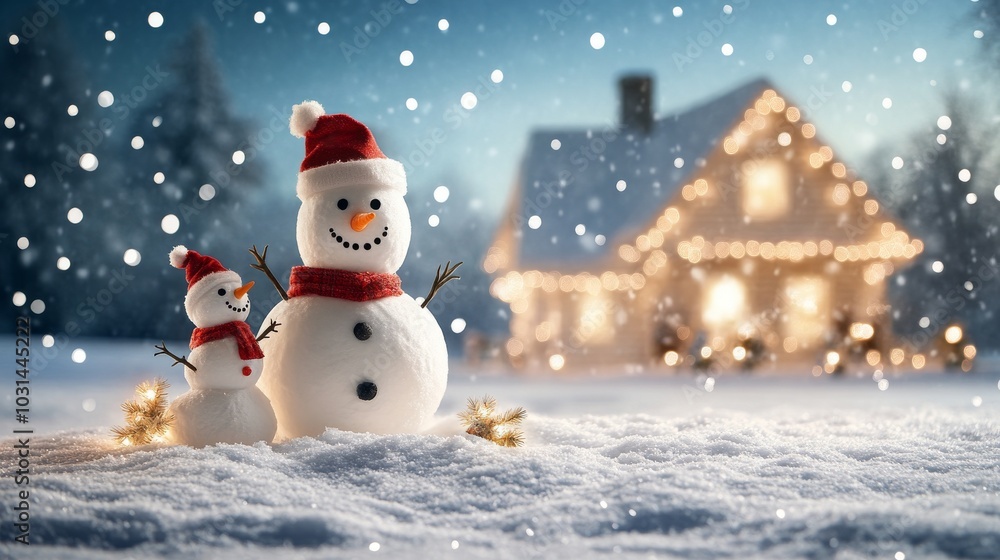 Charming snowmen in a winter wonderland with a cozy cabin Charming snowmen in a winter wonderland with a cozy cabin