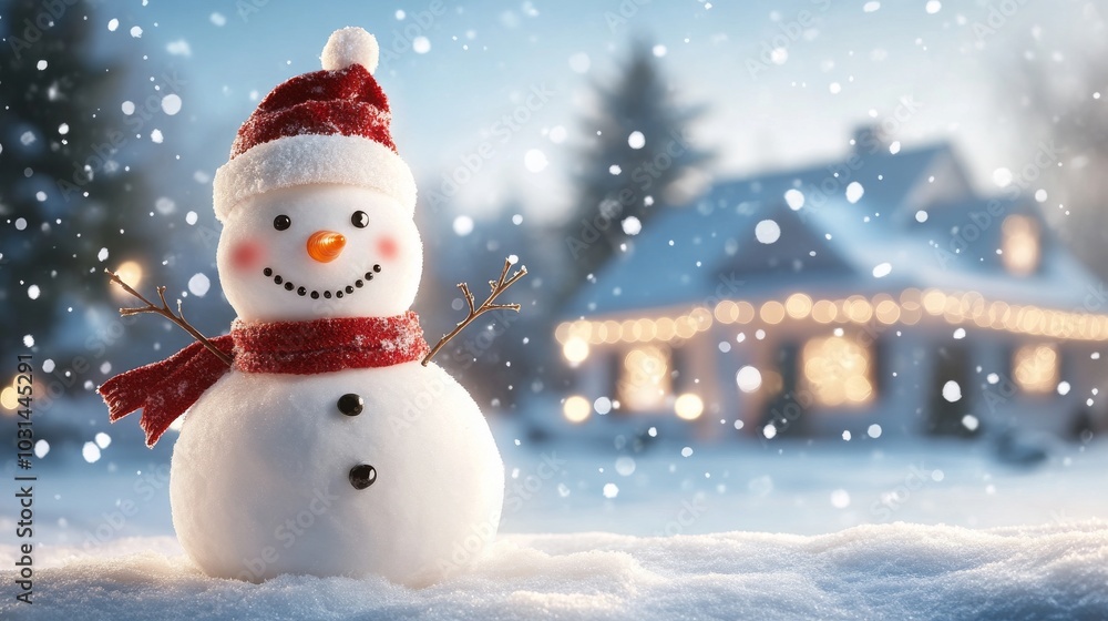 Cheerful snowman in a snowy winter landscape Cheerful snowman in a snowy winter landscape