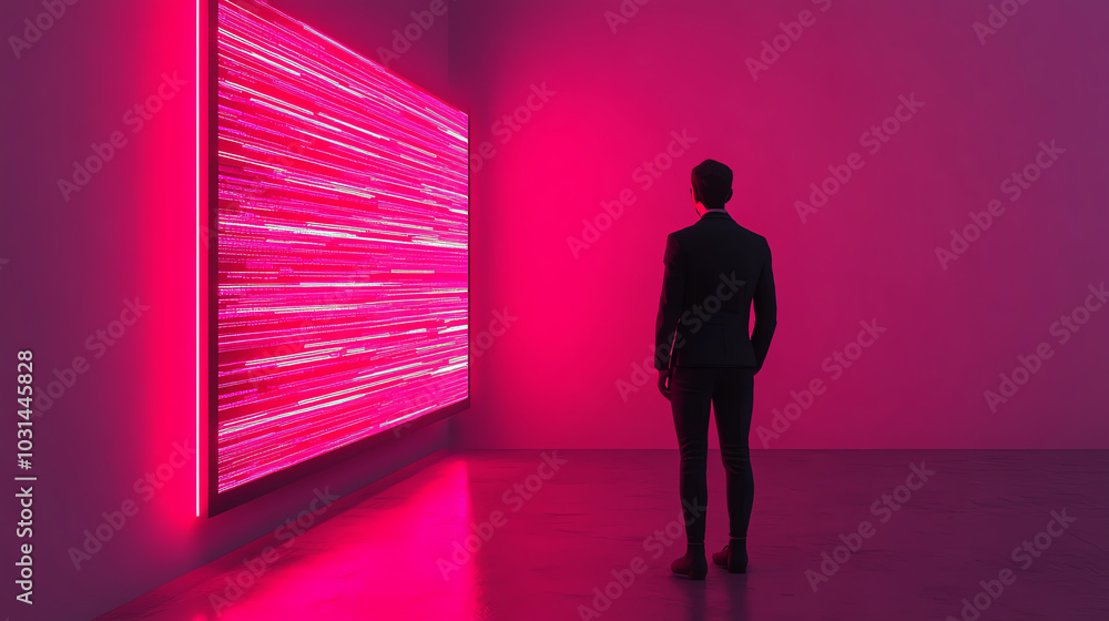 Contemplative figure in neon art exhibition Contemplative figure in neon art exhibition
