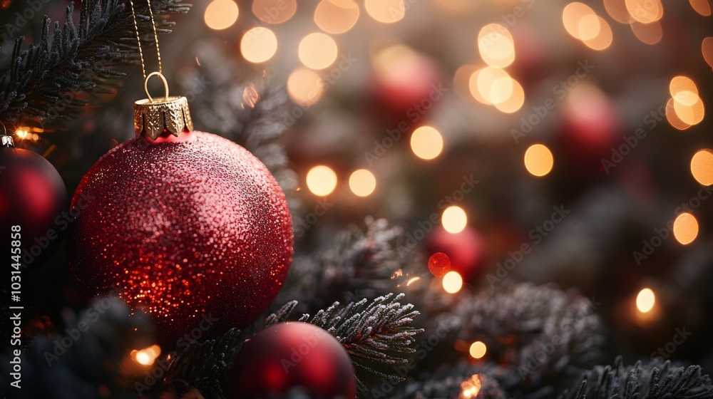 Close-up of a festive red ornament on a Christmas tree Close-up of a festive red ornament on a Christmas tree