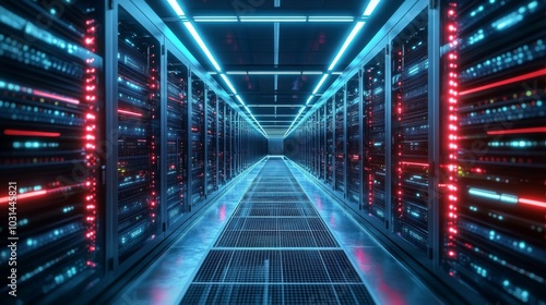 Futuristic Data Center Corridor with Rows of Servers, Red and Blue Lights, and Technological Atmosphere Under High Ceiling.