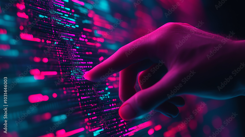 Finger touching digital data on screen Finger touching digital data on screen