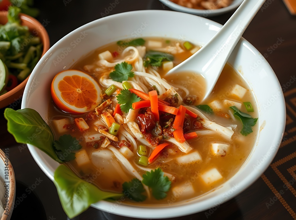 Traditional Vietnamese Soup Pho Bo with Rice Noodles, Beef and Herbs, Asian Cuisine Traditional Vietnamese Soup Pho Bo with Rice Noodles, Beef and Herbs, Asian Cuisine