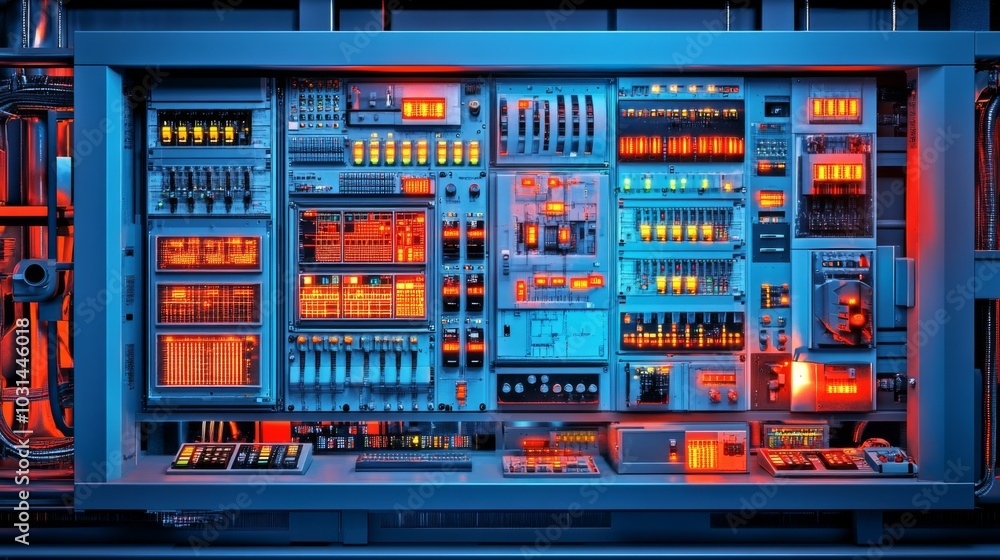Colorful Grid-Like Control Panel with Rows and Columns in Power Plant Showing Switches Arranged in a Pattern Design Colorful Grid-Like Control Panel with Rows and Columns in Power Plant Showing Switches Arranged in a Pattern Design