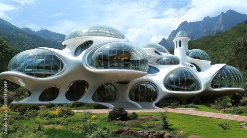 Wallpaper Mural Futuristic organic architecture surrounded by mountains and greenery. Torontodigital.ca