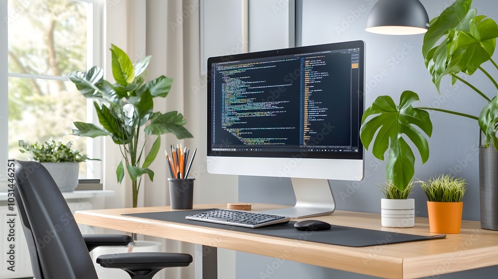 Minimalist and clean workspace with a large monitor displaying complex coding surrounded by simple and elegant decor elements creating a focused and productive environment for digital work Minimalist and clean workspace with a large monitor displaying complex coding surrounded by simple and elegant decor elements creating a focused and productive environment for digital work