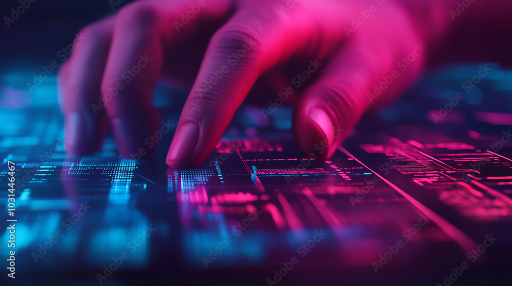 Futuristic hand on digital keyboard Futuristic hand on digital keyboard