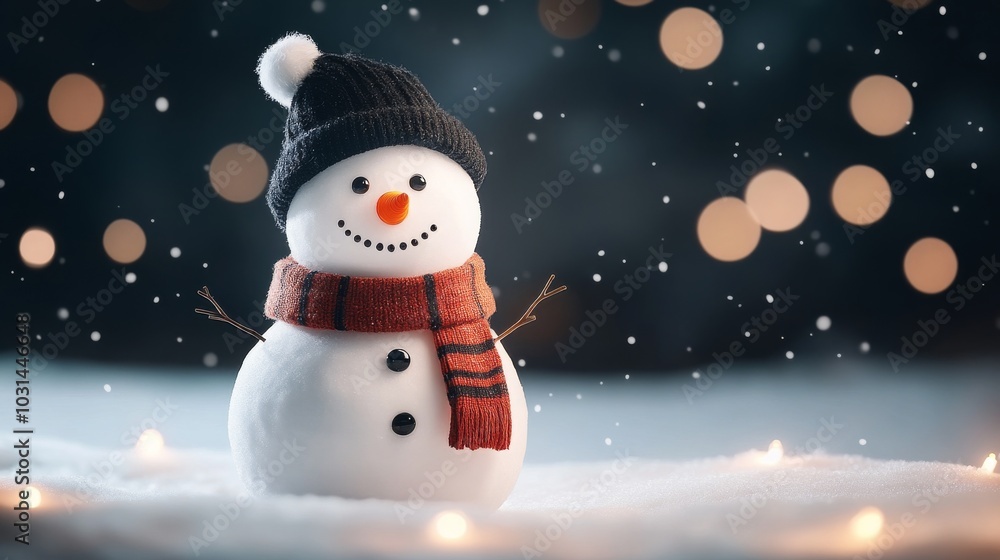 Fototapeta premium Cheerful snowman adorned with a scarf and hat in winter setting