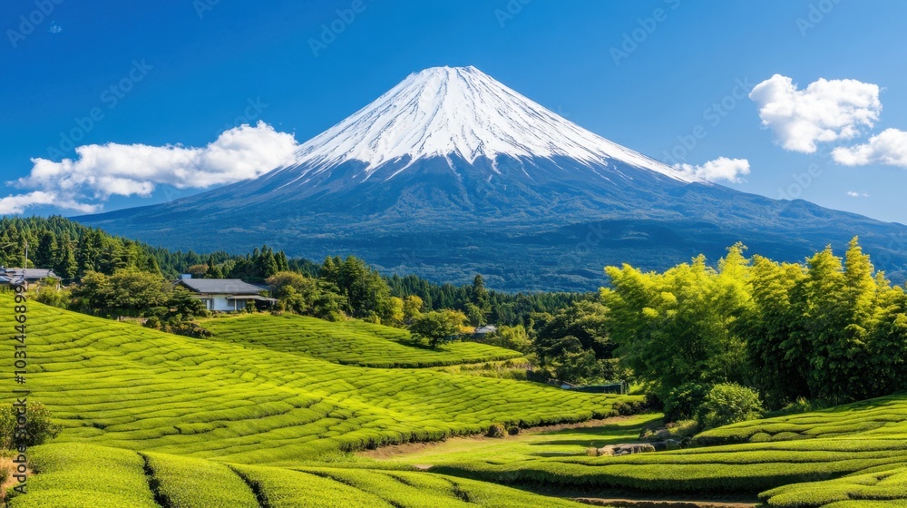 Fototapeta premium Lush green tea fields stretching out with Mount Fuji towering in the background, blending the beauty of nature and agriculture.
