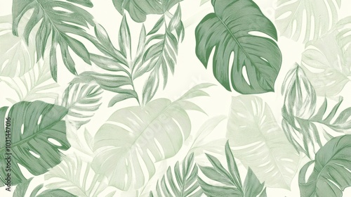 Lush jungle landscape on retro-style wallpaper, with soft green tones and detailed vintage patterns