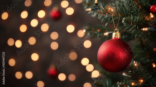 Close-up of a red Christmas ornament on a festive tree