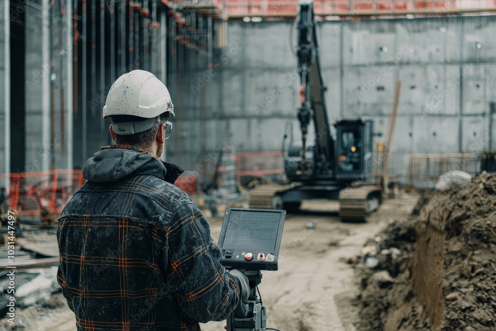 A construction site where a human operator is controlling a robot to perform precision tasks, reflecting the efficiency of human-robot collaboration. A construction site where a human operator is controlling a robot to perform precision tasks, reflecting the efficiency of human-robot collaboration.