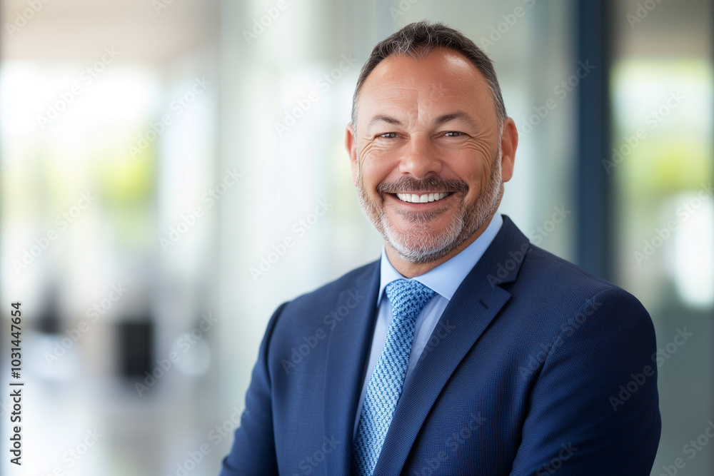Portrait of a Confident Middle-Aged Businessman in a Blue Suit and Tie, Smiling with a Friendly Expression, Looking Directly at the Camera Portrait of a Confident Middle-Aged Businessman in a Blue Suit and Tie, Smiling with a Friendly Expression, Looking Directly at the Camera